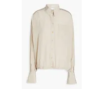 Bead-embellished wrap-effect silk crepe de chine shirt - Gray