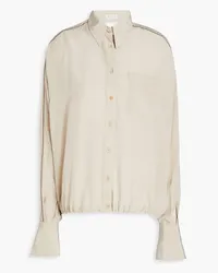 Brunello Cucinelli Bead-embellished wrap-effect silk crepe de chine shirt - Gray Gray