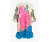 Feather-embellished floral-print silk crepe de chine dress - Pink