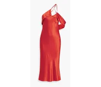 One-shoulder draped silk-satin midi dress - Red