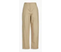 Pleated cotton and linen-blend twill wide-leg pants - Neutral
