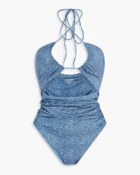 Magda Butrym Cutout denim-effect halterneck swimsuit - Blue Blue