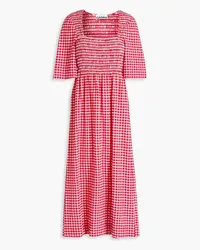 Ganni Gingham shirred seersucker midi dress - Pink Pink