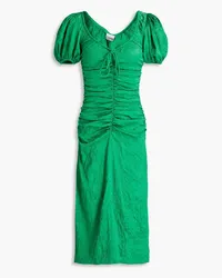 Ganni Ruched crinkled-satin midi dress - Green Green