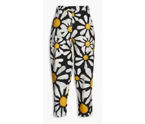 Cropped floral-print cotton-poplin tapered pants - Black