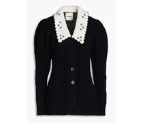 Crepe de chine-trimmed cable-knit wool cardigan - Blue