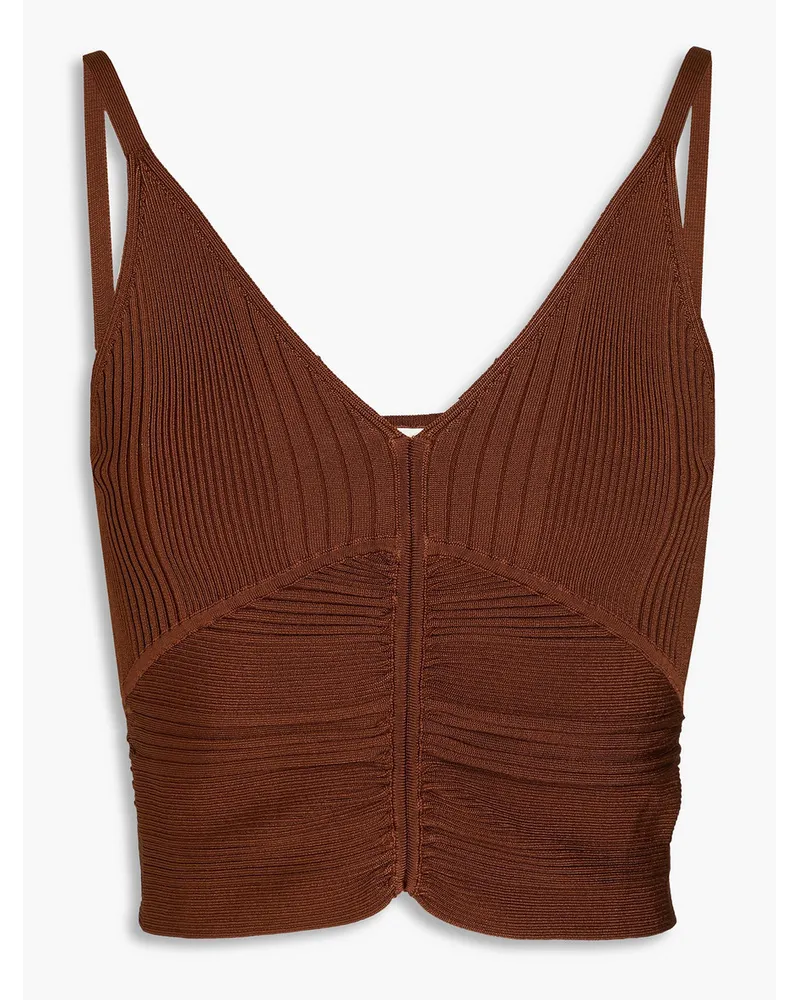 Sandro Cropped ruched ribbed-knit top - Brown Brown