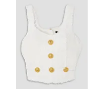 Button-embellished bouclé-tweed bustier top - White