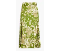 Pleated floral-print hammered-satin midi skirt - Green