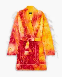 Alanui Sunset belted feather-trimmed tie-dyed wool cardigan - Orange Orange