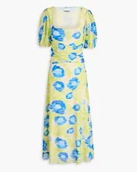 Ganni Ruched printed stretch-mesh midi dress - Blue Blue