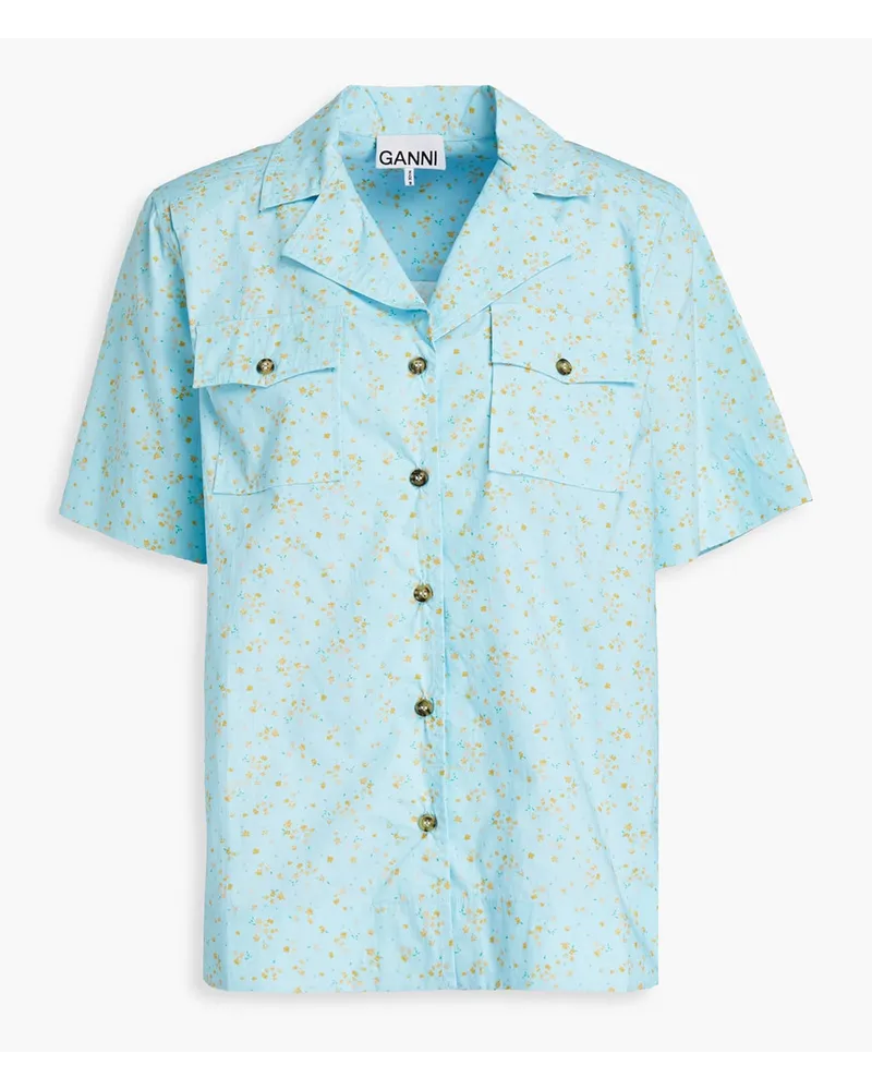 Ganni Floral-print organic cotton-poplin shirt - Blue Blue