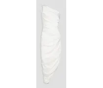 One-shoulder asymmetric draped stretch-satin midi dress - White