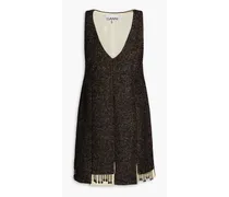 Fringed bead-embellished herringbone tweed mini dress - Black