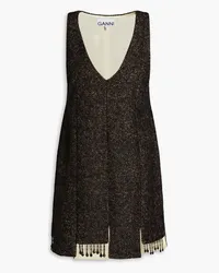 Ganni Fringed bead-embellished herringbone tweed mini dress - Black Black