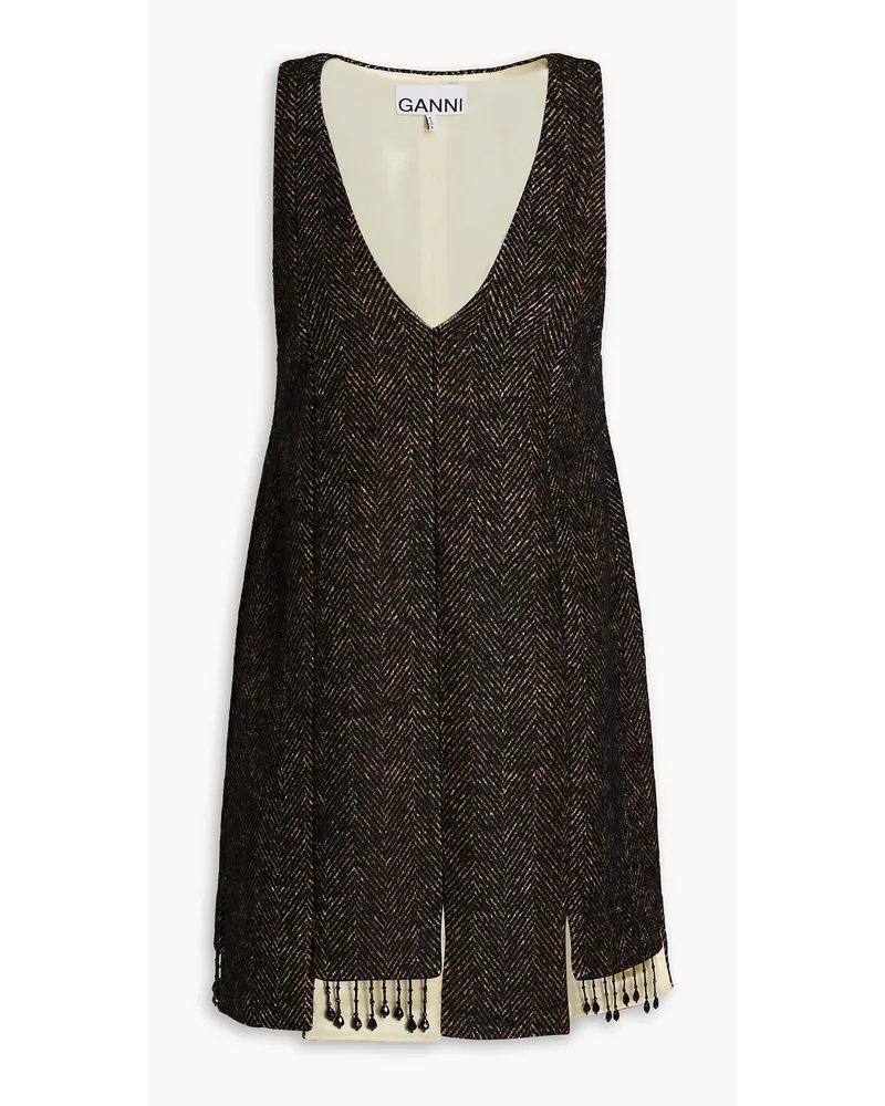 Fringed bead-embellished herringbone tweed mini dress - Black