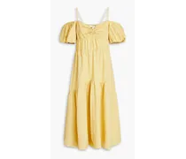 Cold-shoulder gathered slub cotton midi dress - Yellow