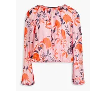 Gathered printed fil coupé silk-crepon blouse - Pink