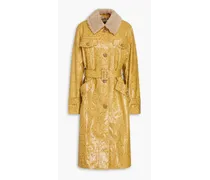 Hana faux shearling-trimmed faux snake-effect leather coat - Yellow