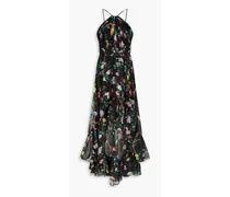 Ruffled floral-print chiffon gown - Black