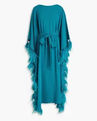 Huishan Zhang Palma belted feather-trimmed crepe kaftan - Blue Blue