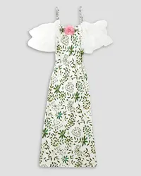 Rodarte Cold-shoulder tulle-trimmed floral-print silk-twill midi dress - White White