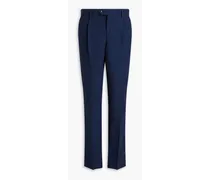 Slim-fit pleated stretch-cotton twill pants - Blue