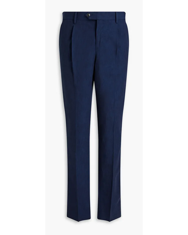 Slim-fit pleated stretch-cotton twill pants - Blue