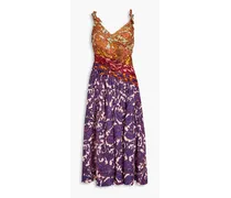 Cutout knotted printed linen midi dress - Purple