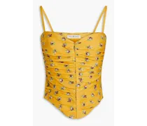Ruched floral-print cotton-voile bustier top - Yellow