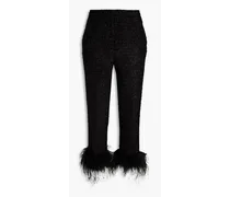 Jourdan cropped feather-trimmed metallic tweed tapered pants - Black