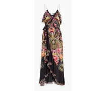 Ruffled printed silk crepe de chine maxi wrap dress - Black