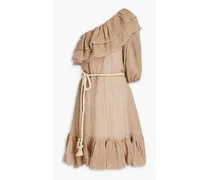 One-shoulder gathered linen-blend gauze midi dress - Neutral