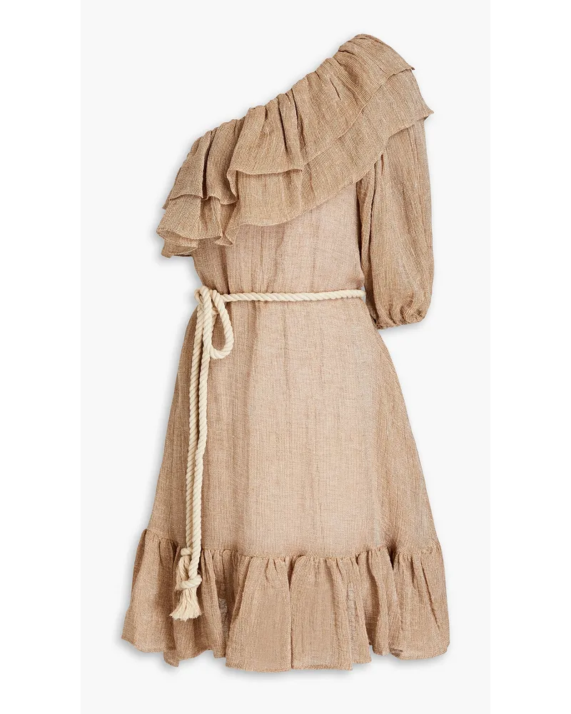 One-shoulder gathered linen-blend gauze midi dress - Neutral
