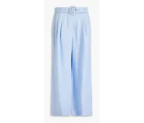 Belted pleated linen-canvas wide-leg pants - Blue