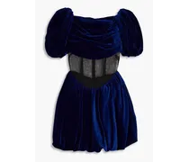 Tulle-paneled cotton-velvet mini dress - Blue