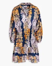 Sandro Floral-print linen and silk-blend mini dress - Blue Blue