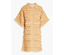 Fringed crocheted mini shirt dress - Neutral