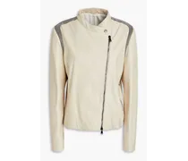 Bead-embellished leather biker jacket - White