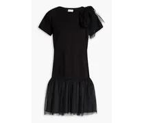 Bow-detailed tulle-paneled cotton-jersey mini dress - Black