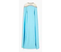 Cape-effect embellished tulle-paneled silk-blend crepe gown - Blue