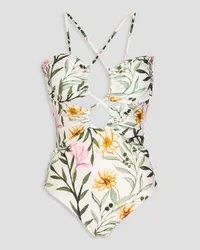 Pat Bo Jasmine lace-up cutout floral-print swimsuit - White White