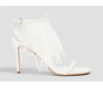 Feather-embellished leather sandals - White