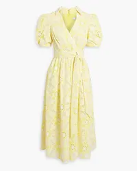 Badgley Mischka Wrap-effect broderie anglaise midi dress - Yellow Yellow