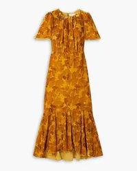 RHODE Arabella gathered floral-print velour midi dress - Yellow Yellow