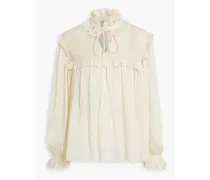 Ruffled metallic silk-blend jacquard blouse - White