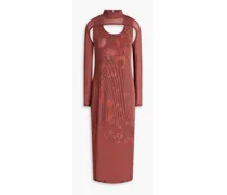 Layered printed scuba and stretch-mesh midi dress - Red