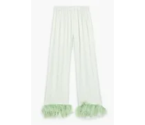 Party feather-trimmed crepe de chine pajama pants - Green