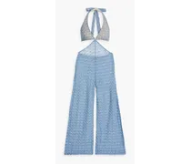 Cutout metallic crochet-knit halterneck jumpsuit - Blue