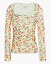 Ganni Ruched floral-print mesh top - Green Green